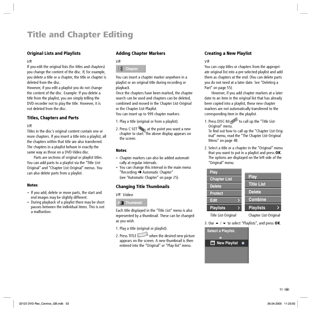 Loewe Centros 1172, Centros 1202 manual Title and Chapter Editing 