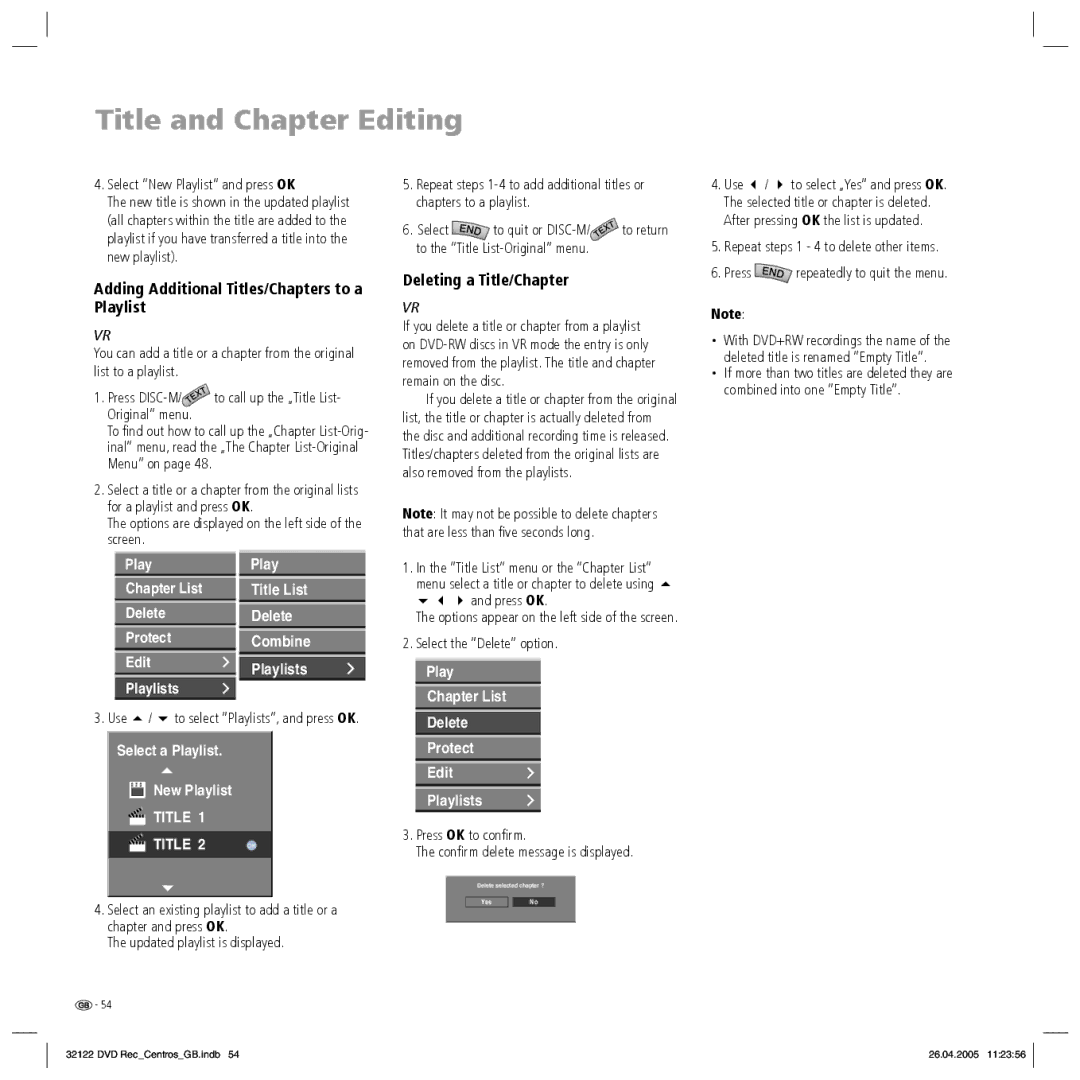 Loewe Centros 1202, Centros 1172 manual Adding Additional Titles/Chapters to a Playlist, Deleting a Title/Chapter 