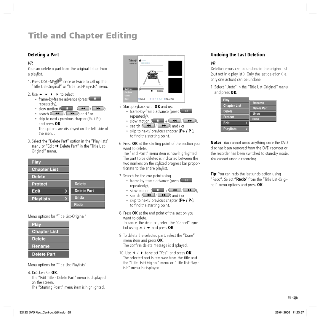 Loewe Centros 1172, Centros 1202 manual Deleting a Part, Undoing the Last Deletion 