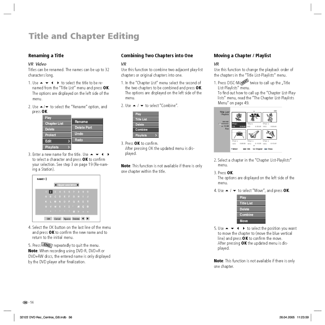 Loewe Centros 1202 manual Renaming a Title, Combining Two Chapters into One, Moving a Chapter / Playlist, Ing a Station 