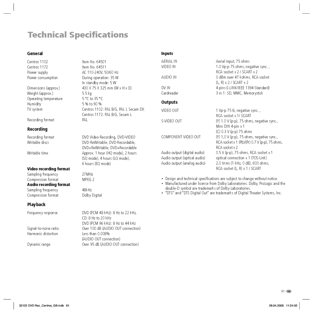 Loewe Centros 1172, Centros 1202 manual Technical Speciﬁcations, General, Recording, Playback, Outputs 