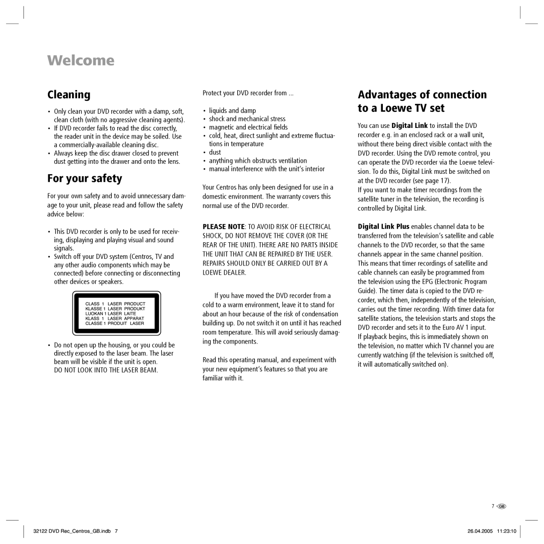 Loewe Centros 1172, Centros 1202 manual Cleaning, For your safety 