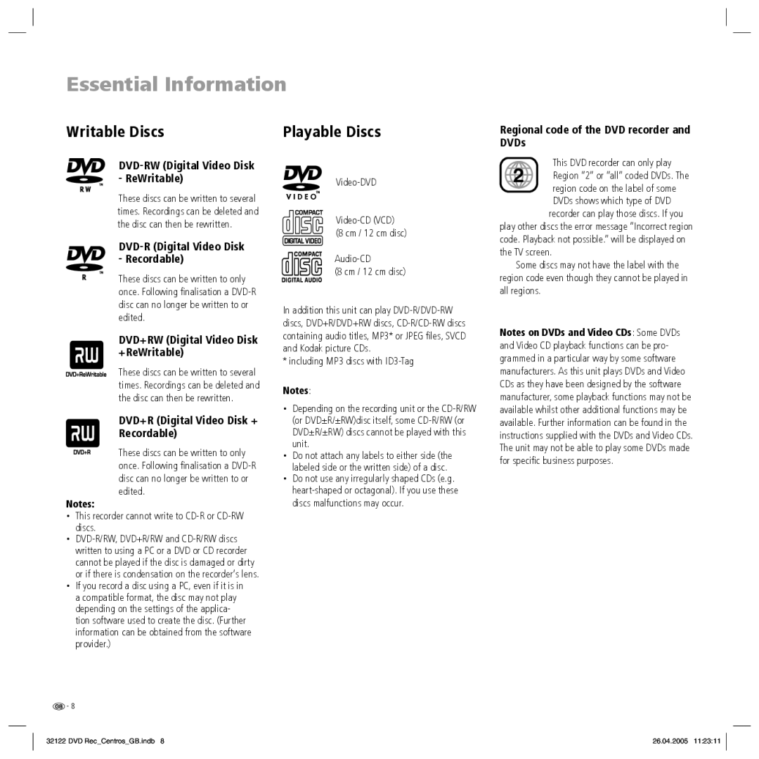 Loewe Centros 1202, Centros 1172 manual Essential Information, Writable Discs, Playable Discs 