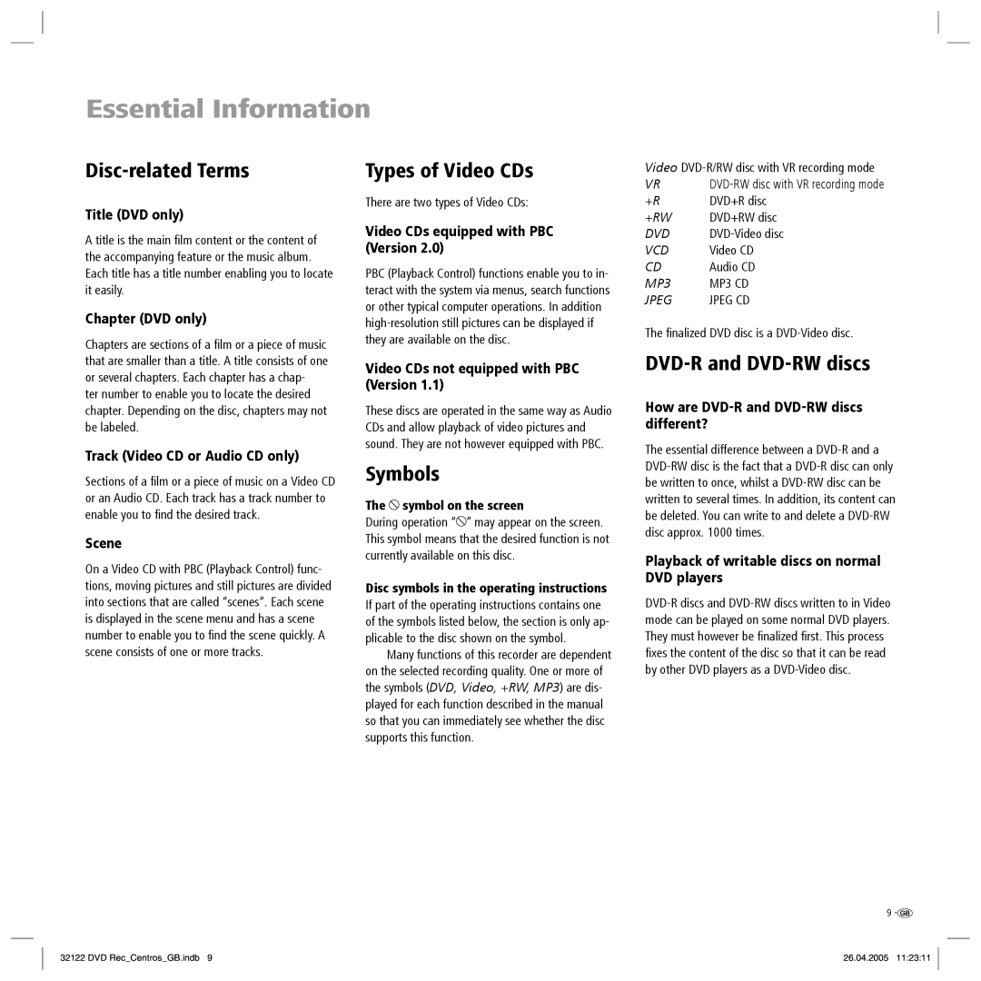 Loewe Centros 1172, Centros 1202 manual Disc-related Terms, Types of Video CDs, Symbols, DVD-R and DVD-RW discs 