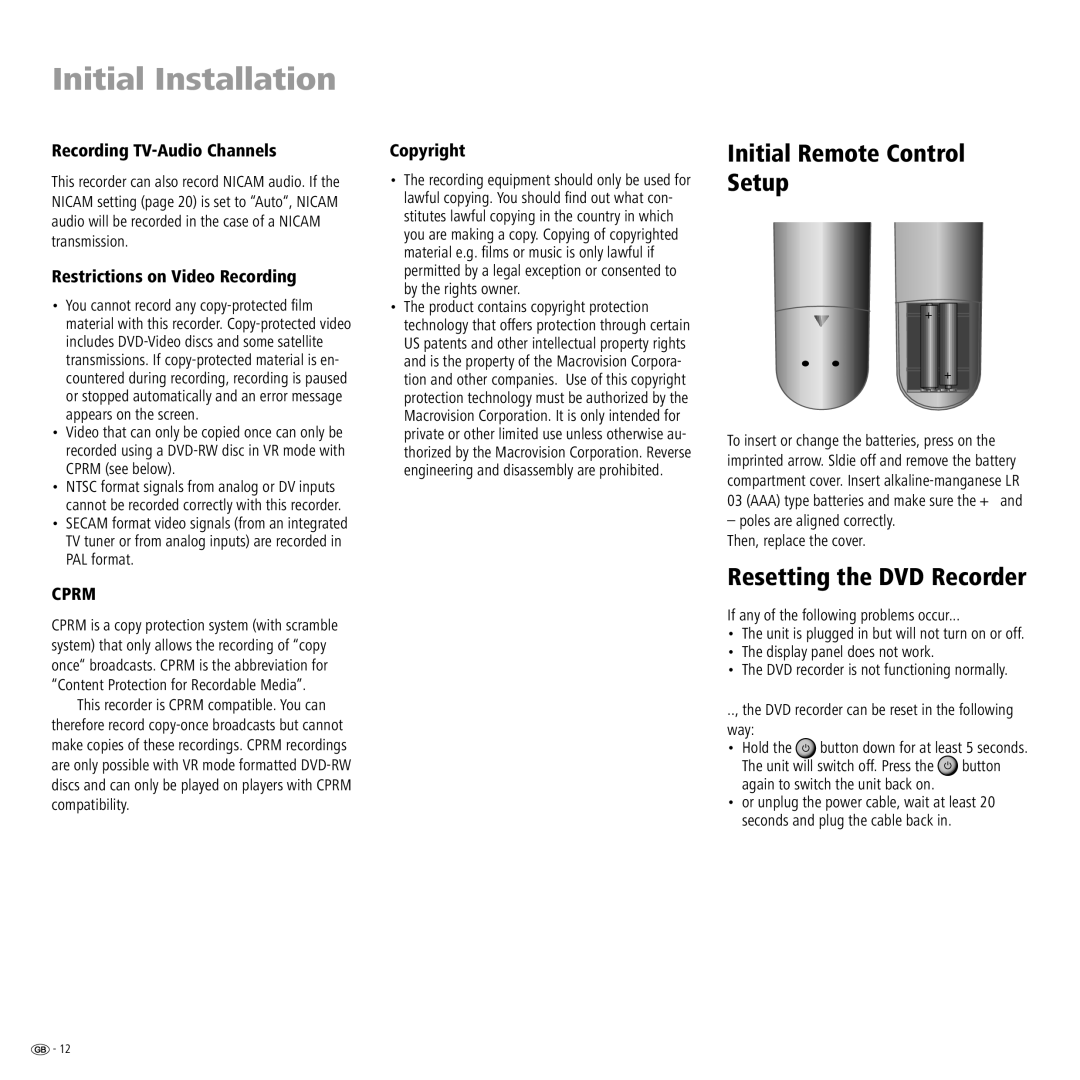 Loewe Centros 2172 HD, Centros 2102 HD manual Initial Installation, Initial Remote Control Setup, Resetting the DVD Recorder 