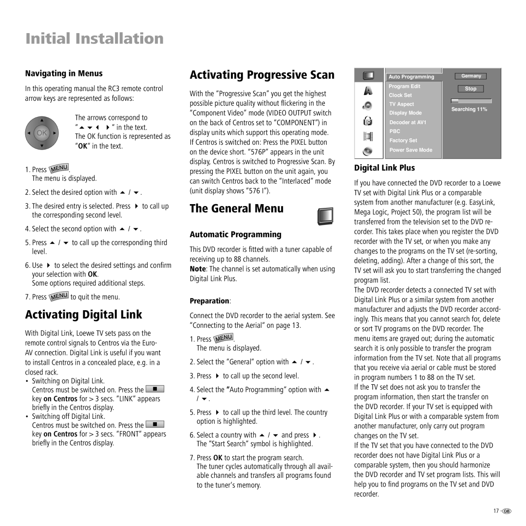 Loewe Centros 2102 HD, Centros 2172 HD manual Activating Digital Link, Activating Progressive Scan, General Menu 