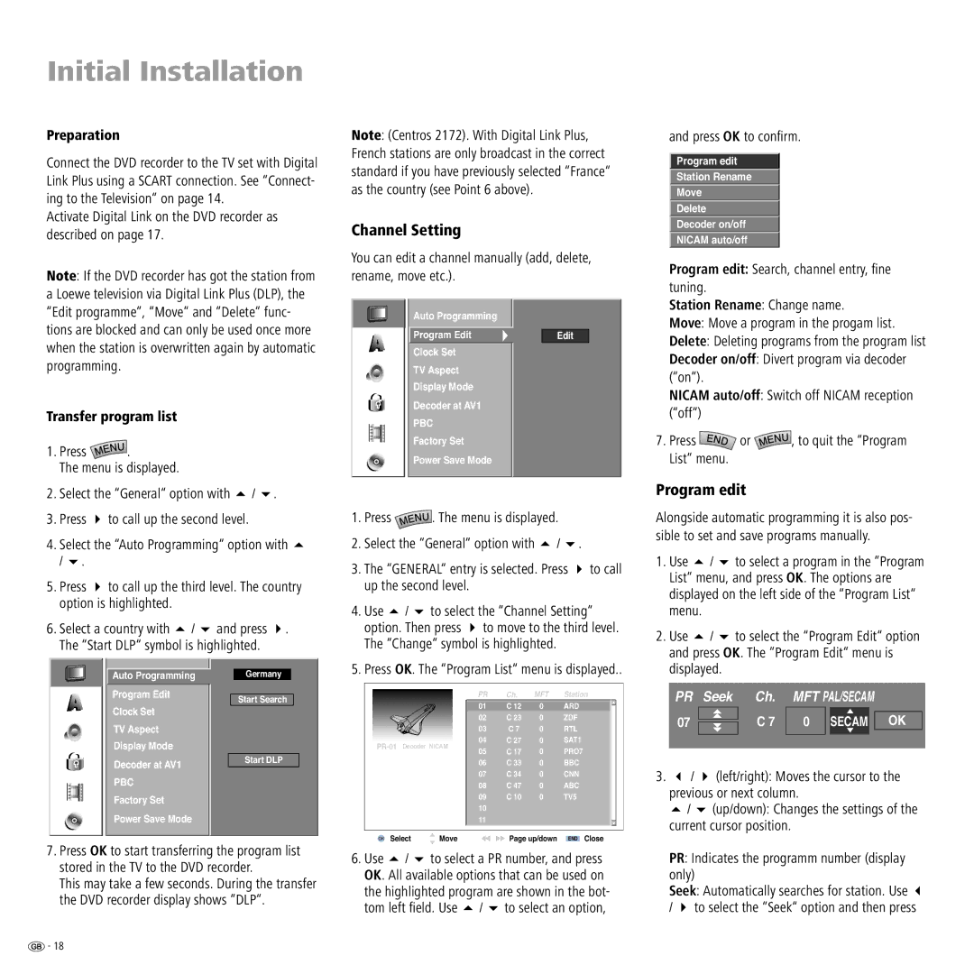 Loewe Centros 2172 HD, Centros 2102 HD manual Channel Setting, Program edit, Station Rename Change name 