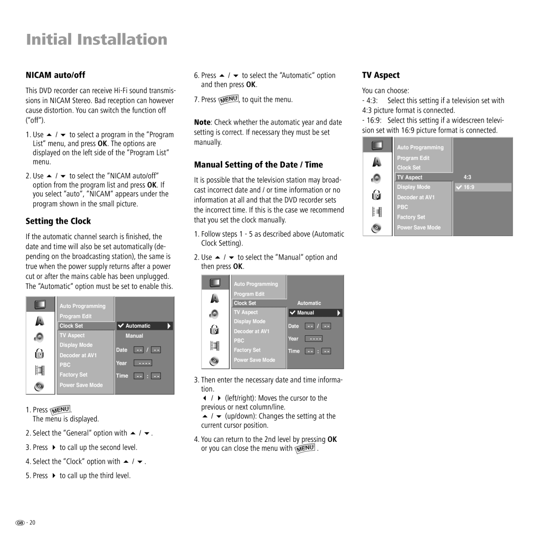 Loewe Centros 2172 HD, Centros 2102 HD Nicam auto/off, Setting the Clock, Manual Setting of the Date / Time, TV Aspect 