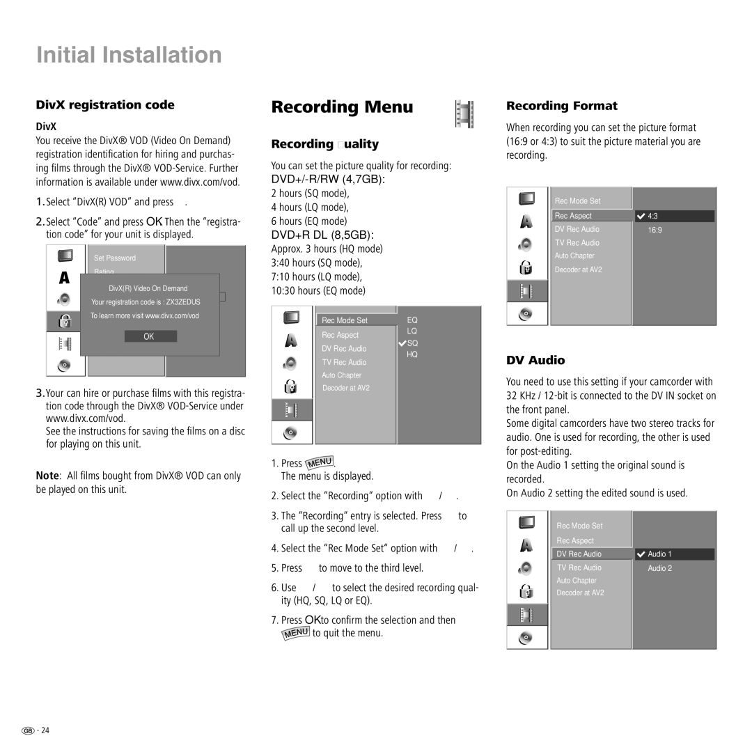 Loewe Centros 2172 HD manual Recording Menu, DivX registration code, Recording Quality, Recording Format, DV Audio 
