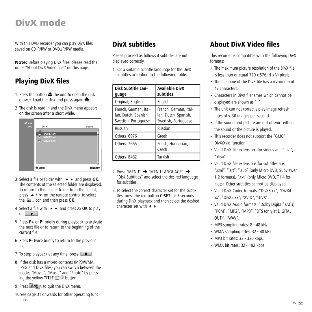 Loewe Centros 2102 HD, Centros 2172 HD manual DivX mode, Playing DivX ﬁles, DivX subtitles, About DivX Video ﬁles 