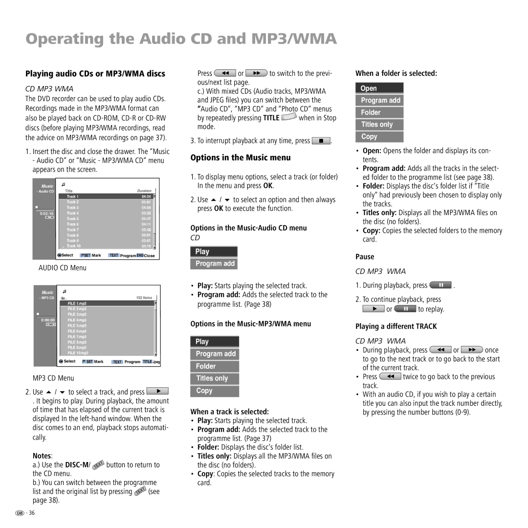 Loewe Centros 2172 HD Operating the Audio CD and MP3/WMA, Playing audio CDs or MP3/WMA discs, Options in the Music menu 