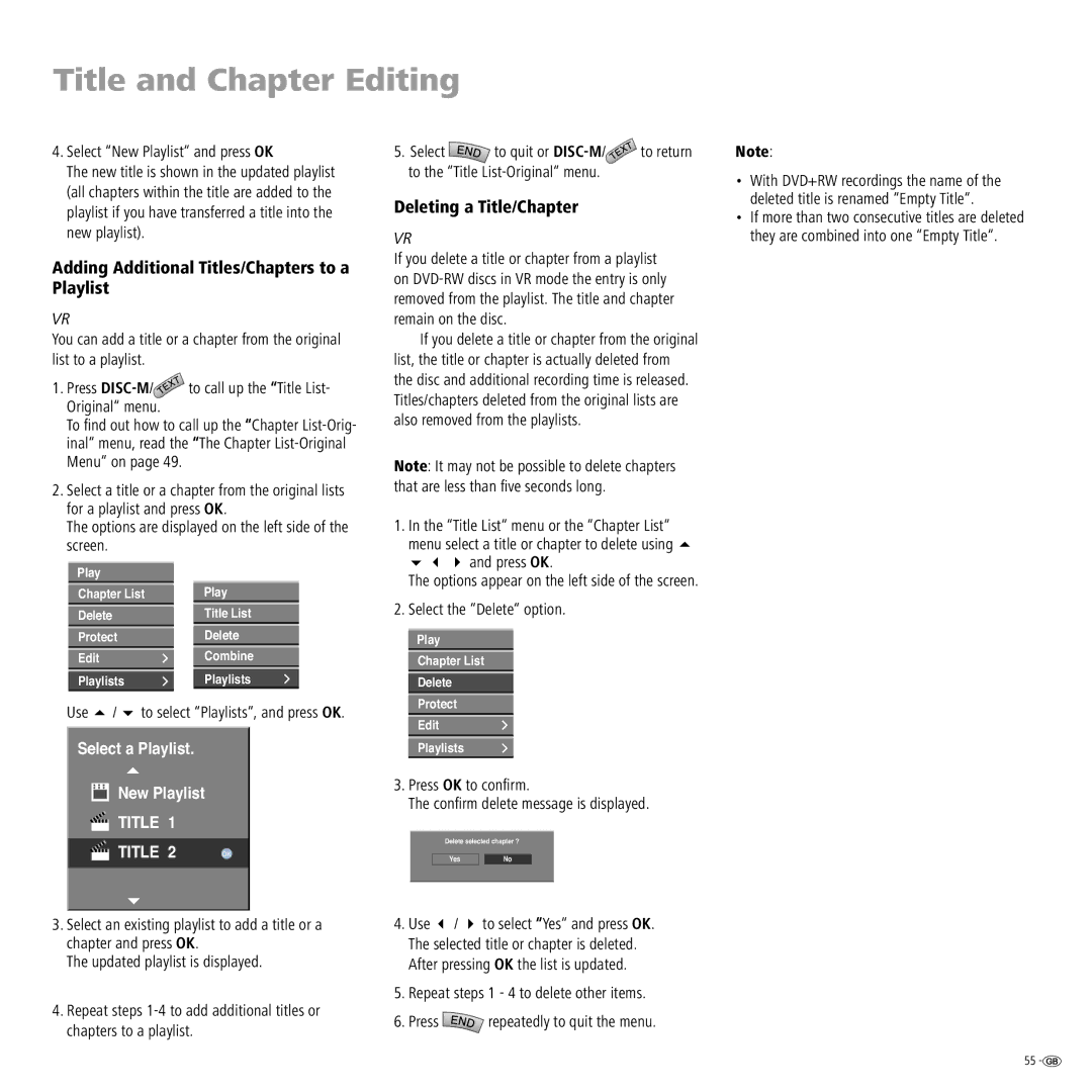 Loewe Centros 2102 HD, Centros 2172 HD manual Adding Additional Titles/Chapters to a Playlist, Deleting a Title/Chapter 