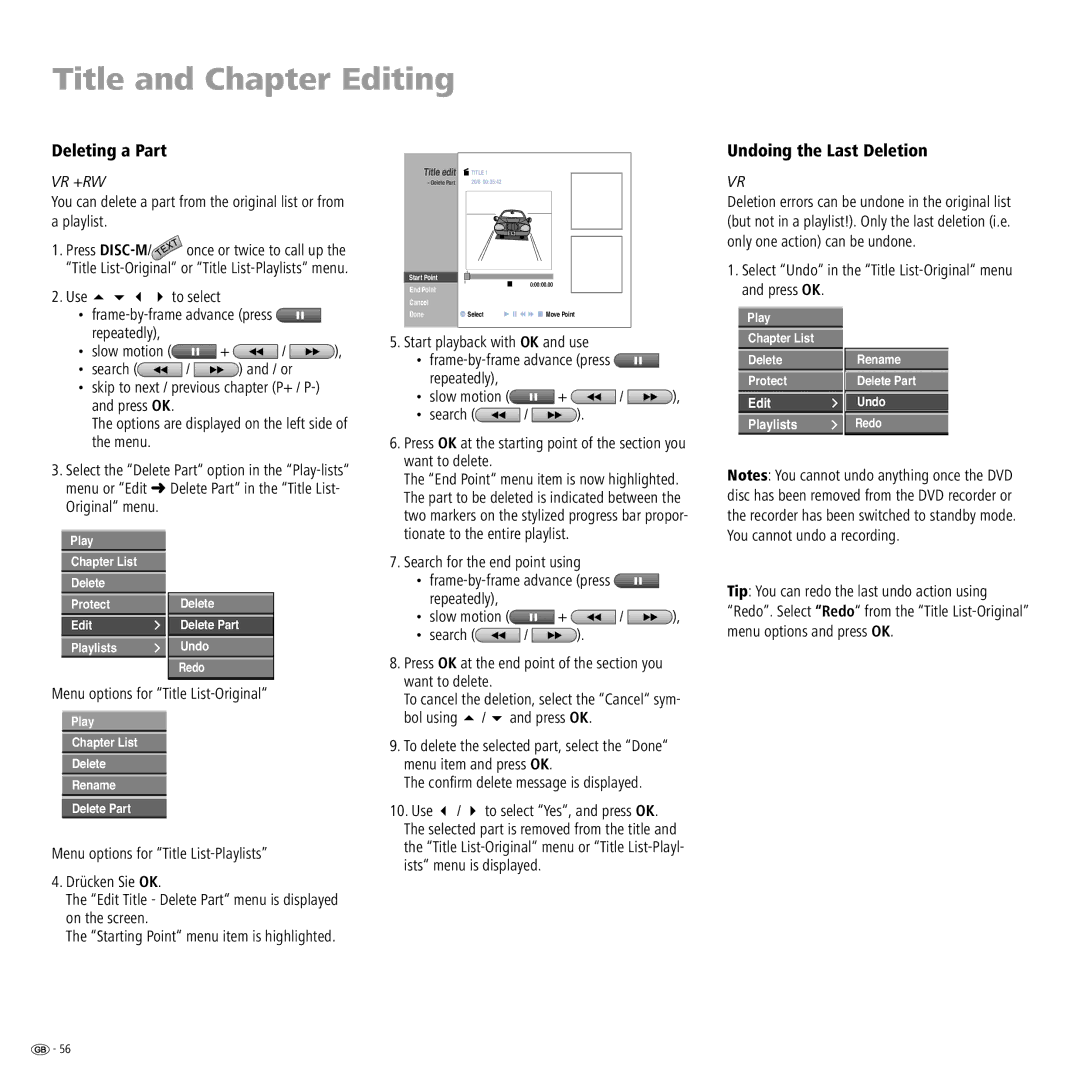 Loewe Centros 2172 HD, Centros 2102 HD Deleting a Part, Undoing the Last Deletion, Menu options for Title List-Original 