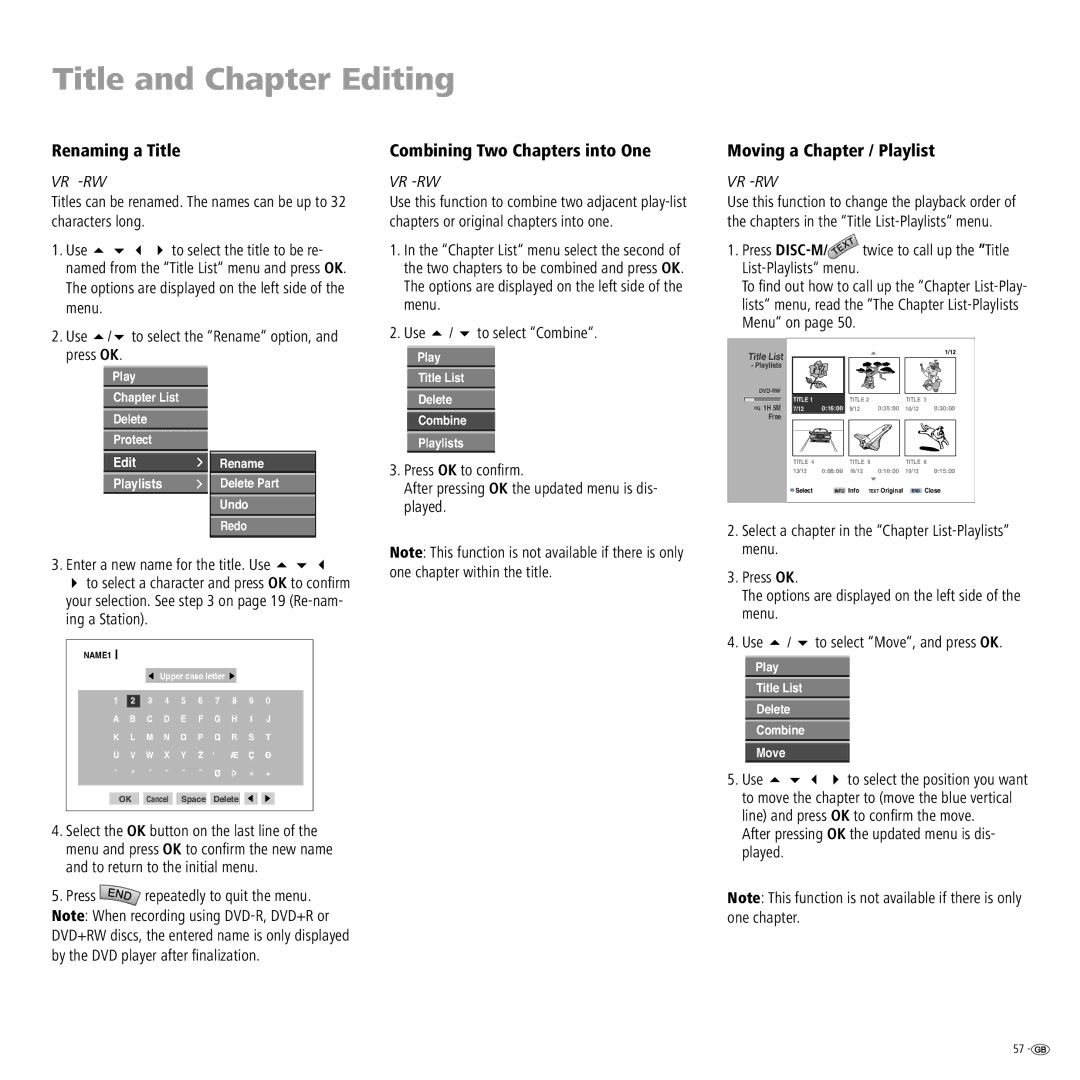 Loewe Centros 2102 HD manual Renaming a Title, Combining Two Chapters into One, Moving a Chapter / Playlist, Vr -Rw 