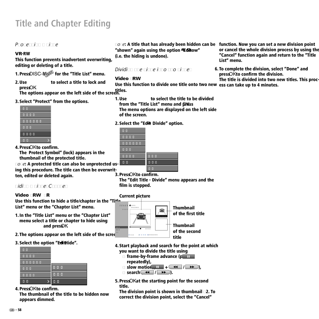 Loewe Centros 2172 HD manual Protecting a Title, Hiding a Title/Chapter, Dividing One Title into Two Titles, Video +RW +R 