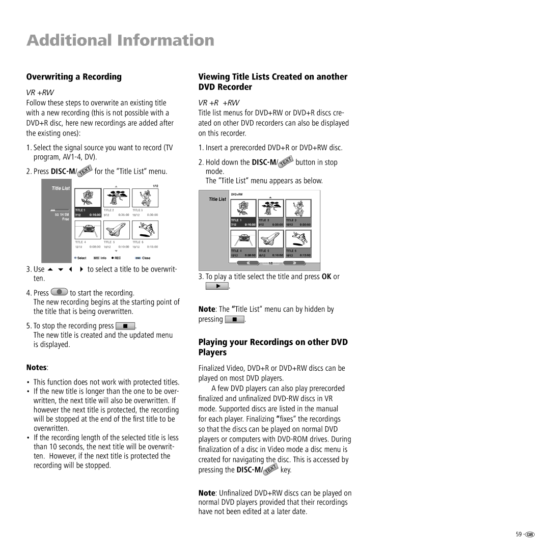 Loewe Centros 2102 HD Additional Information, Overwriting a Recording, Viewing Title Lists Created on another DVD Recorder 