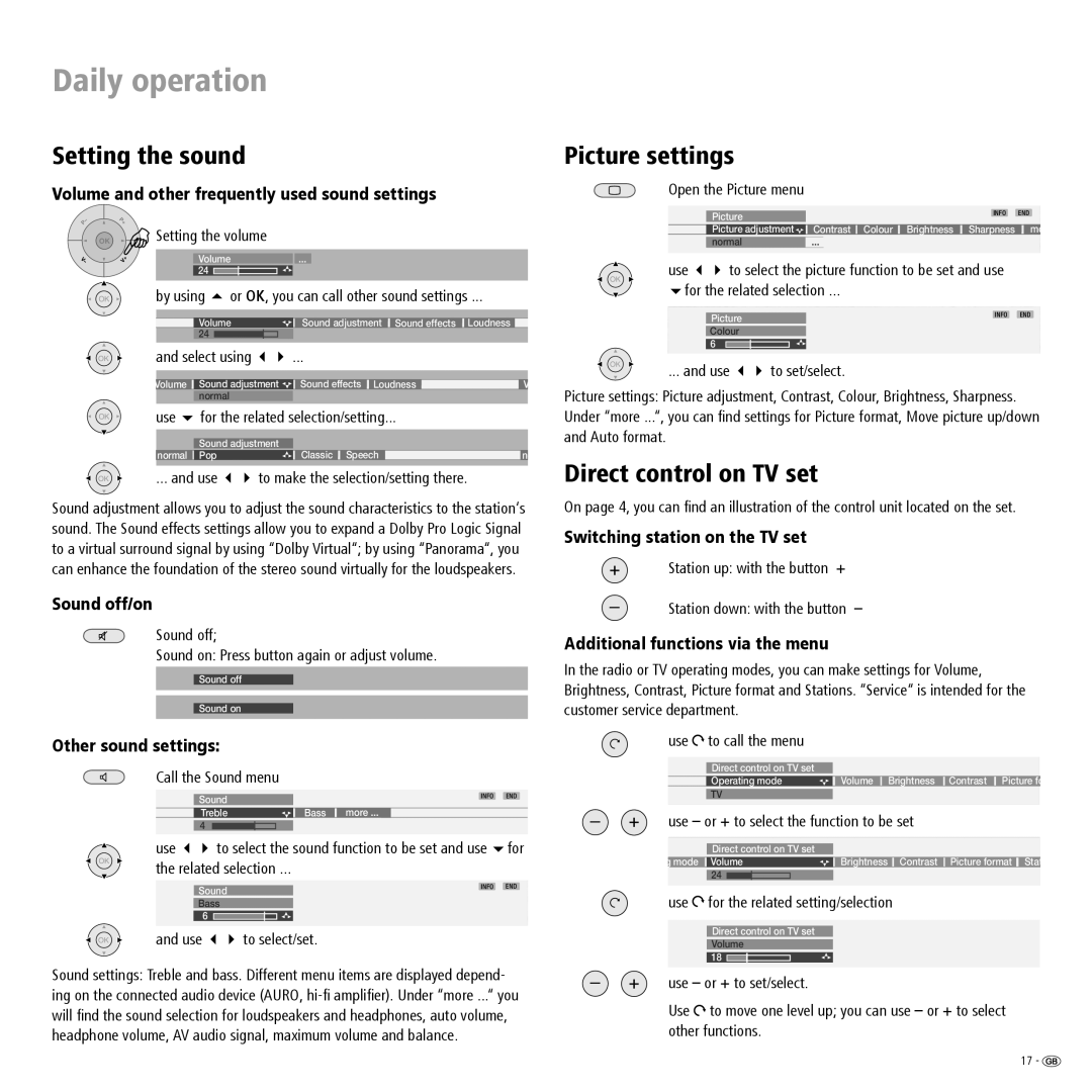 Loewe ConceptL32Basic, ConceptL26Basic manual Setting the sound, Picture settings, Direct control on TV set 