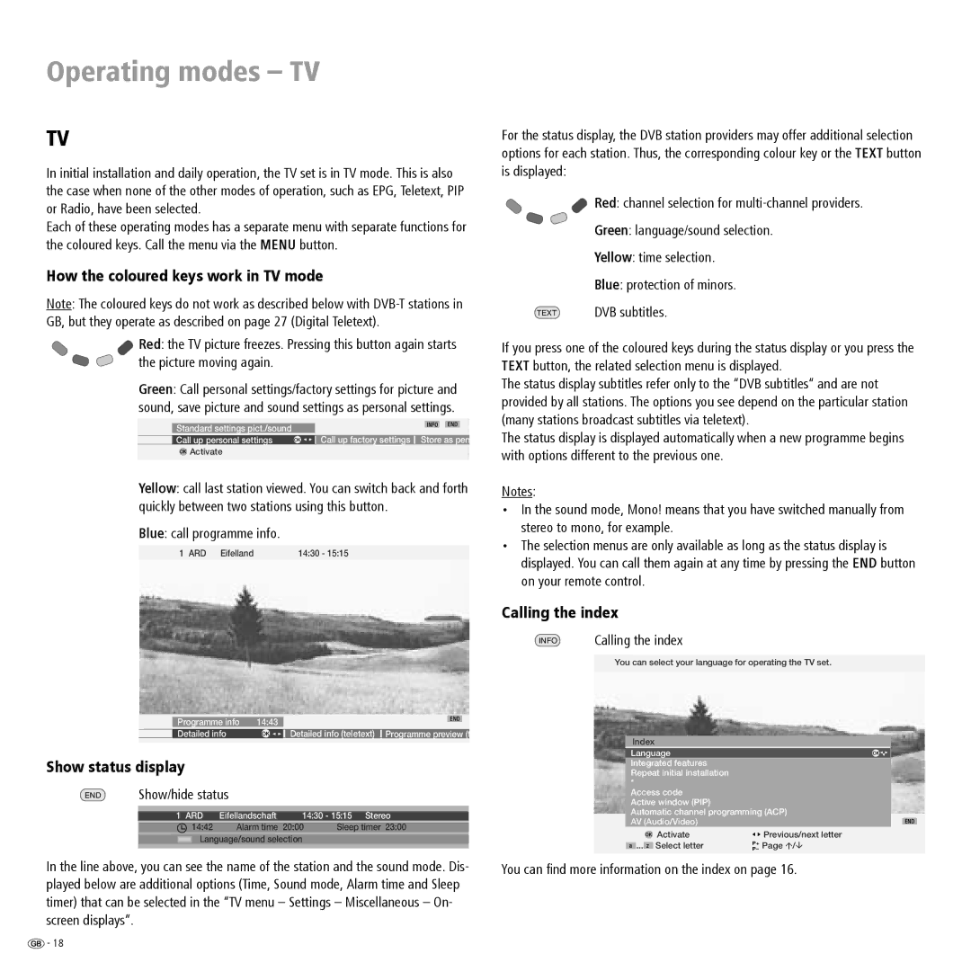 Loewe ConceptL32Basic Operating modes TV, How the coloured keys work in TV mode, Show status display, Calling the index 