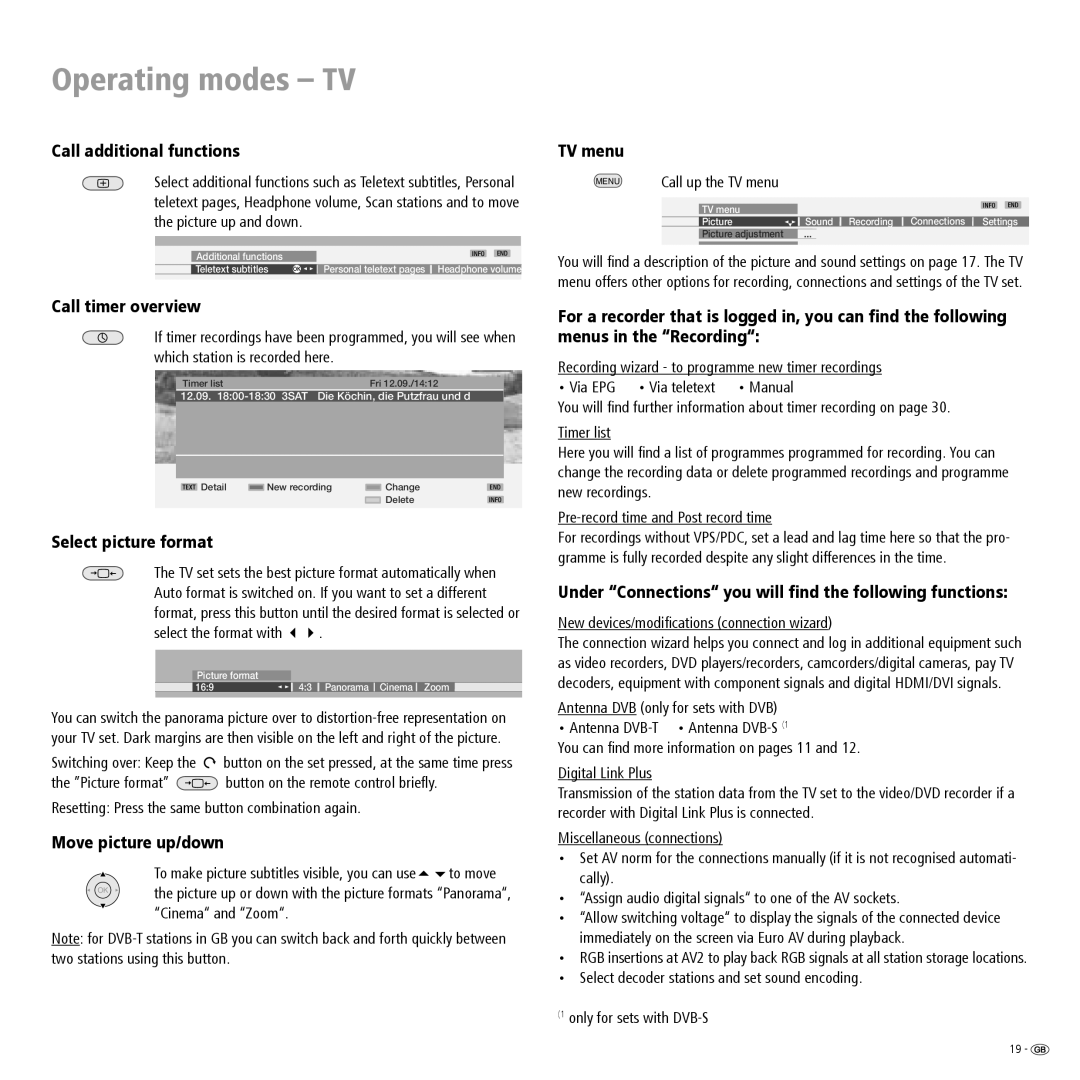 Loewe ConceptL26Basic Call additional functions, Call timer overview, Select picture format, Move picture up/down, TV menu 