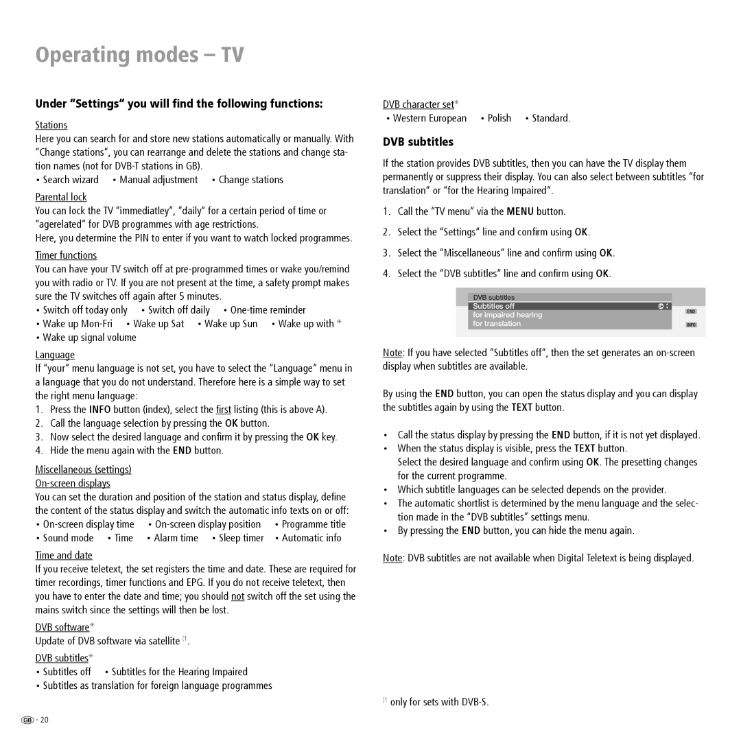 Loewe ConceptL32Basic, ConceptL26Basic manual Under Settings you will find the following functions, DVB subtitles 