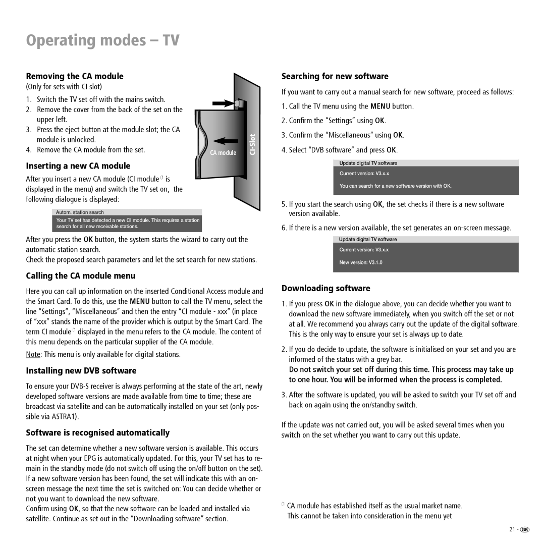 Loewe ConceptL26 Removing the CA module, Inserting a new CA module, Calling the CA module menu, Searching for new software 