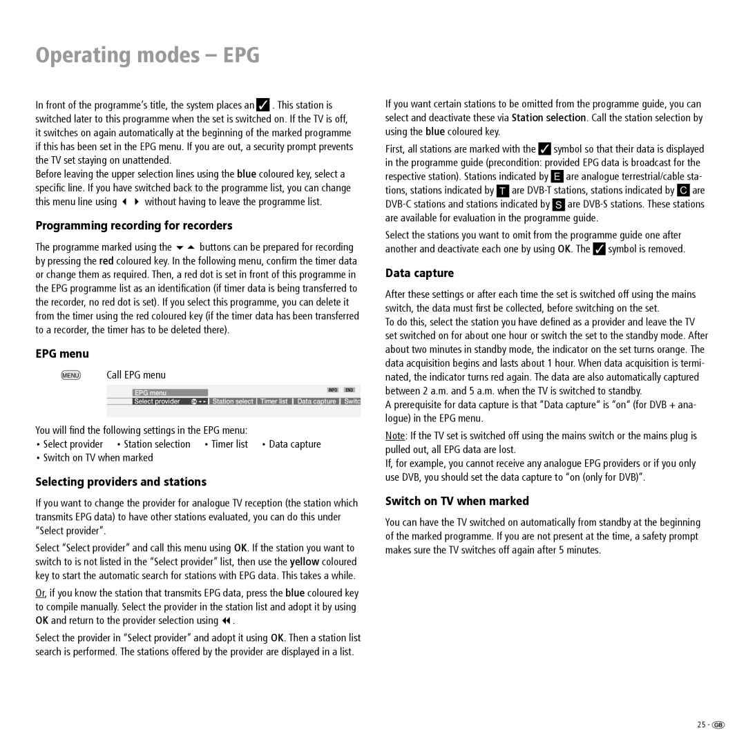 Loewe ConceptL26, ConceptL32 Programming recording for recorders, EPG menu, Selecting providers and stations, Data capture 