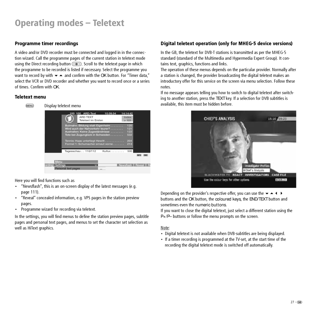 Loewe ConceptL26Basic, ConceptL32Basic manual Programme timer recordings, Teletext menu 