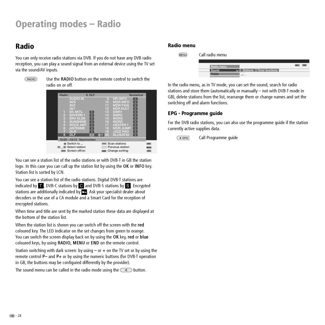 Loewe ConceptL32Basic, ConceptL26Basic manual Operating modes Radio, Radio menu, EPG Programme guide 