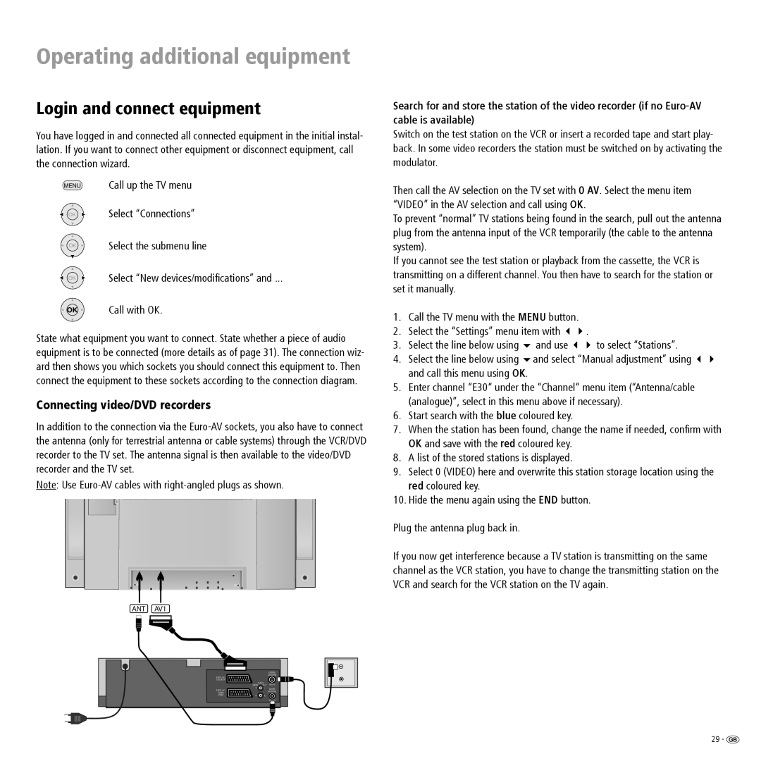 Loewe ConceptL26, ConceptL32 Operating additional equipment, Login and connect equipment, Connecting video/DVD recorders 