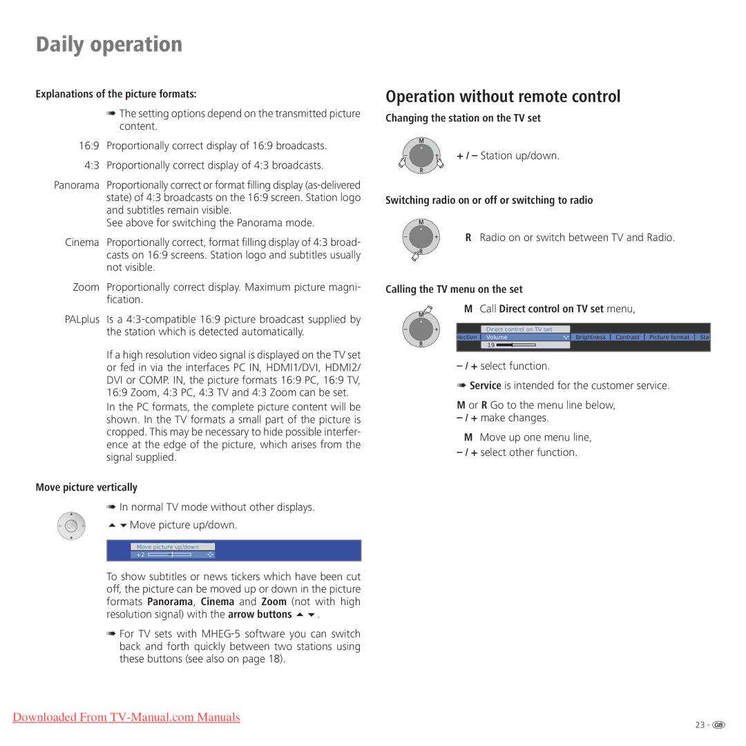 Loewe Connect 32 Full-HD+ 100 manual Operation without remote control, Explanations of the picture formats 