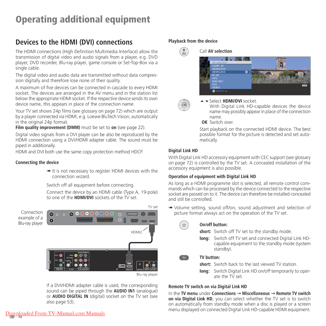 Loewe Connect 37 Full-HD+ 100, Connect 42 Full-HD+ 100, Connect 32 Full-HD+ 100 manual Devices to the Hdmi DVI connections 