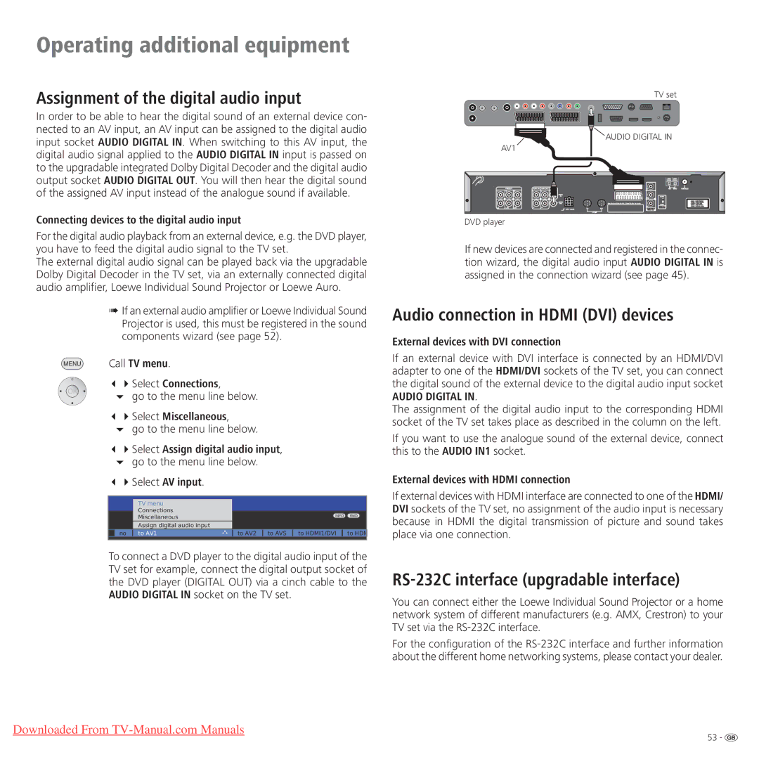 Loewe Connect 32 Full-HD+ 100 manual Assignment of the digital audio input, Audio connection in Hdmi DVI devices 