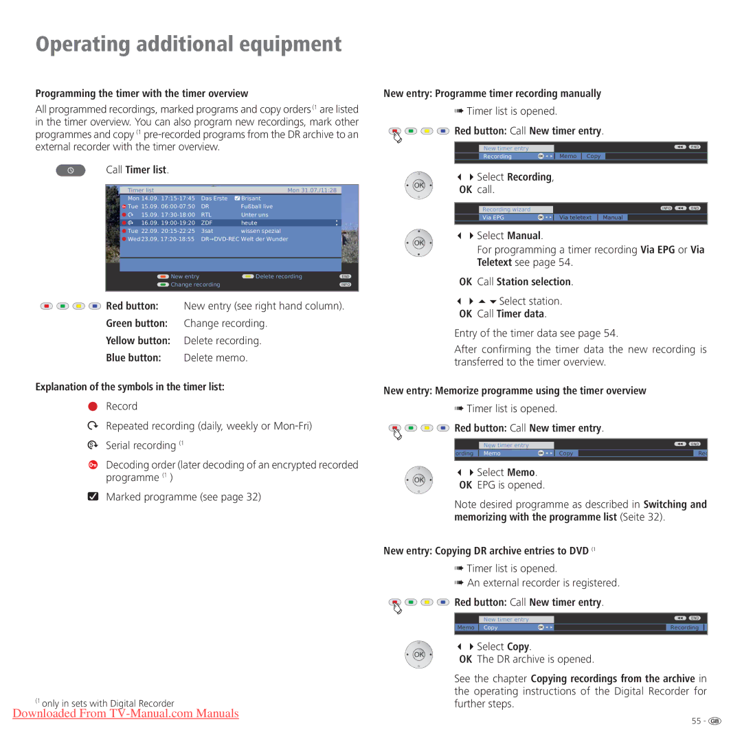 Loewe Connect 42 Full-HD+ 100 Programming the timer with the timer overview, Call Timer list, Red button, Select Recording 