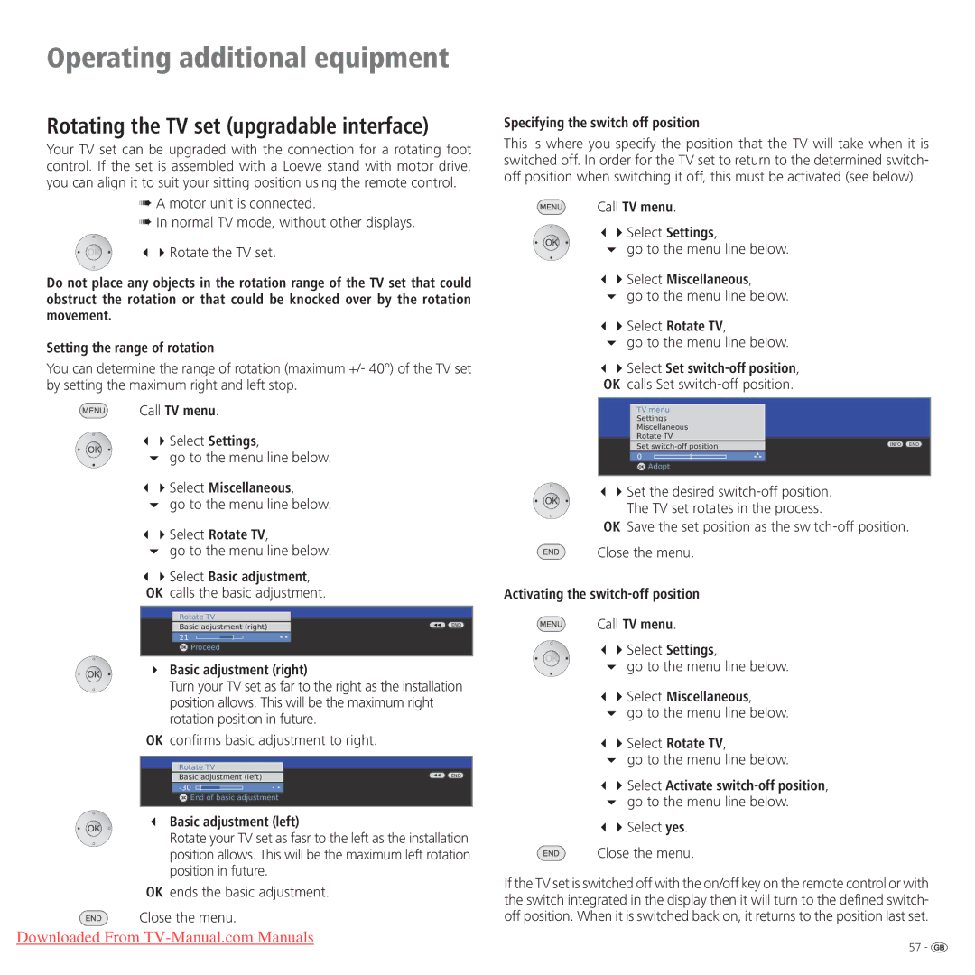 Loewe Connect 37 Full-HD+ 100, Connect 42 Full-HD+ 100 Select Rotate TV, Basic adjustment right, Basic adjustment left 