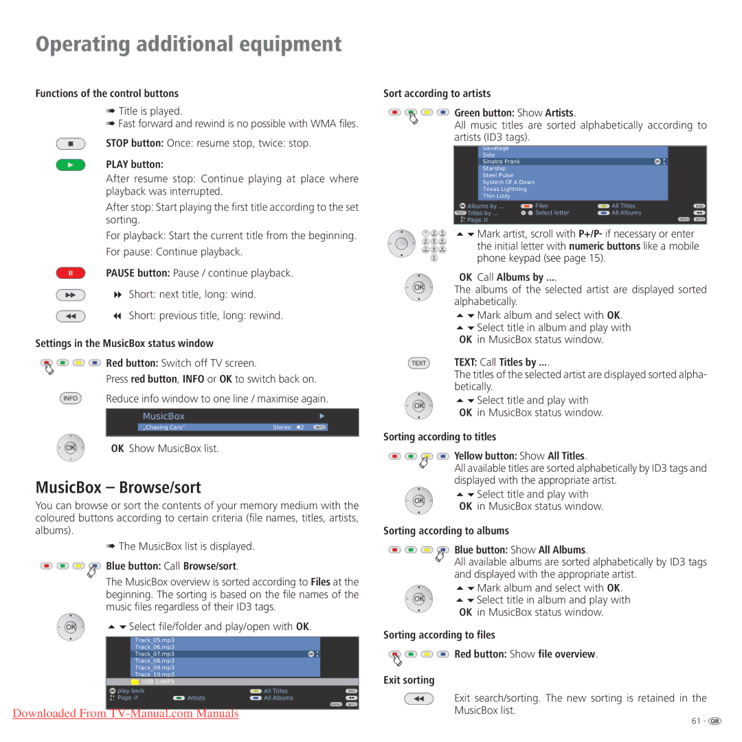 Loewe Connect 42 Full-HD+ 100, Connect 37 Full-HD+ 100, Connect 32 Full-HD+ 100 manual MusicBox Browse/sort 