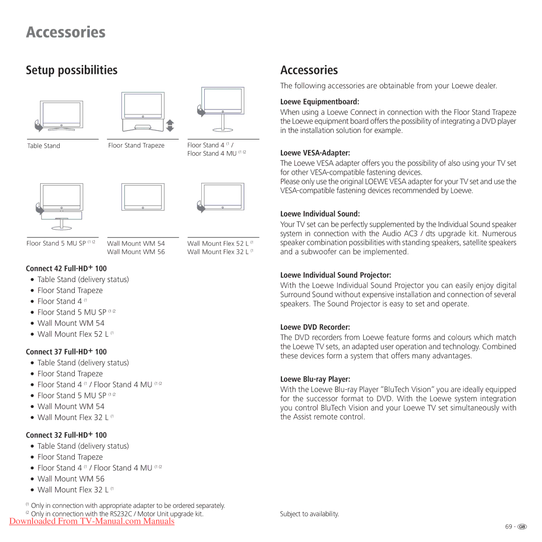 Loewe Connect 37 Full-HD+ 100, Connect 42 Full-HD+ 100, Connect 32 Full-HD+ 100 manual Accessories, Setup possibilities 