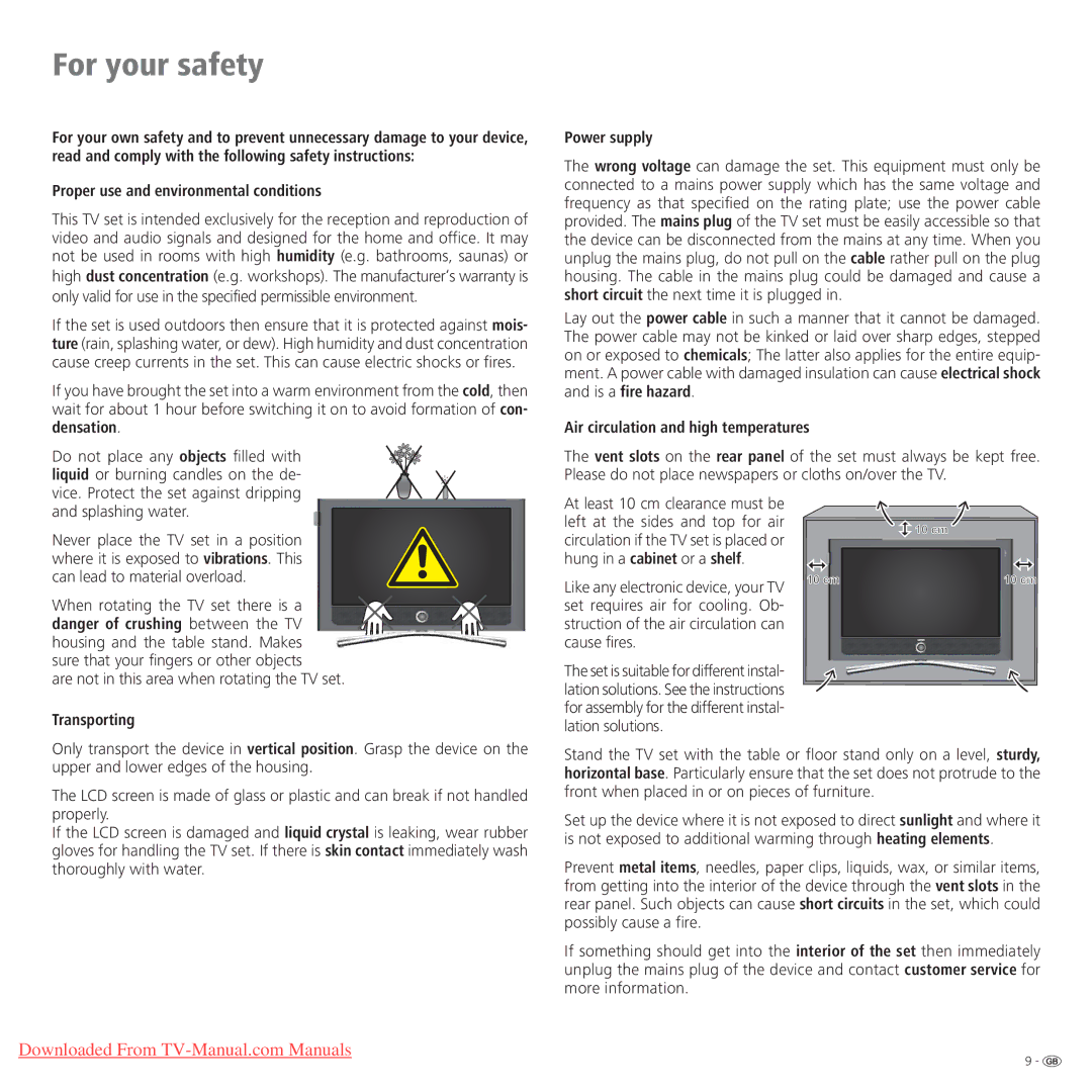 Loewe Connect 37 Full-HD+ 100 manual For your safety, Proper use and environmental conditions, Power supply, Transporting 