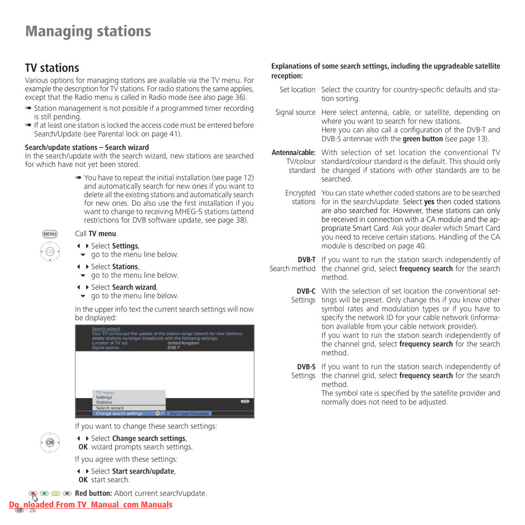 Loewe Connect 32 Full-HD+ 100 operating instructions Managing stations, TV stations, Search/update stations Search wizard 