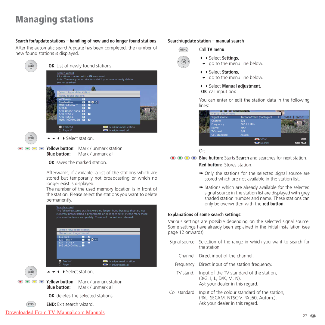 Loewe Connect 37 Full-HD+ 100 Search/update station manual search Call TV menu, Explanations of some search settings 