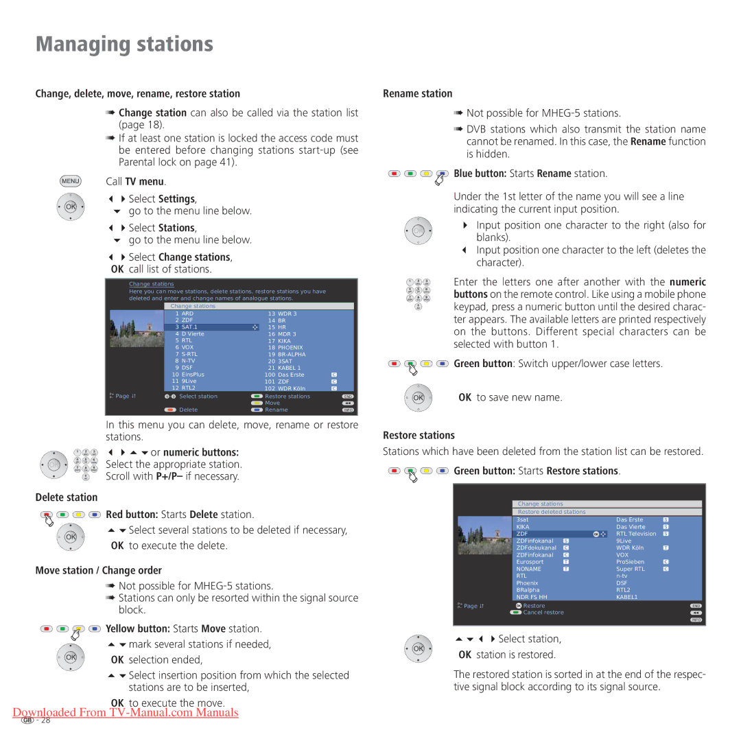 Loewe Connect 42 Full-HD+ 100 Change, delete, move, rename, restore station, Move station / Change order, Rename station 