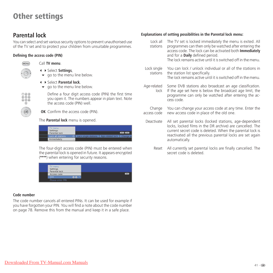 Loewe Connect 32 Full-HD+ 100 Other settings, Parental lock, Defining the access code PIN Call TV menu, Code number 