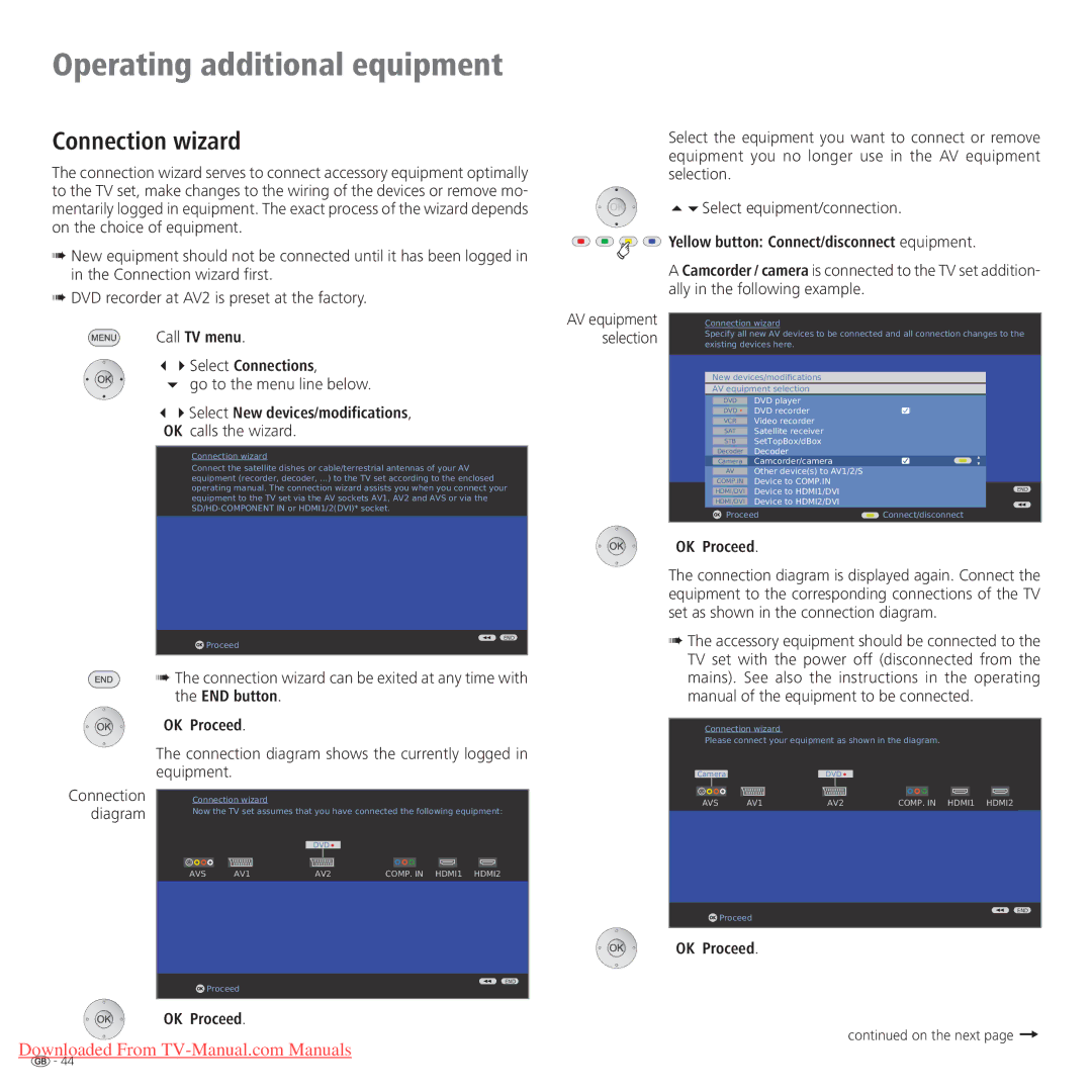 Loewe Connect 32 Full-HD+ 100, Connect 37 Full-HD+ 100 Operating additional equipment, Connection wizard, OK Proceed 