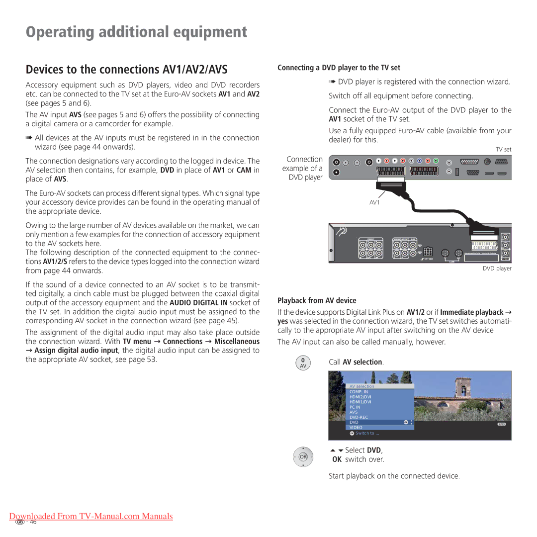 Loewe Connect 42 Full-HD+ 100 Appropriate AV socket, see, Connecting a DVD player to the TV set, Playback from AV device 