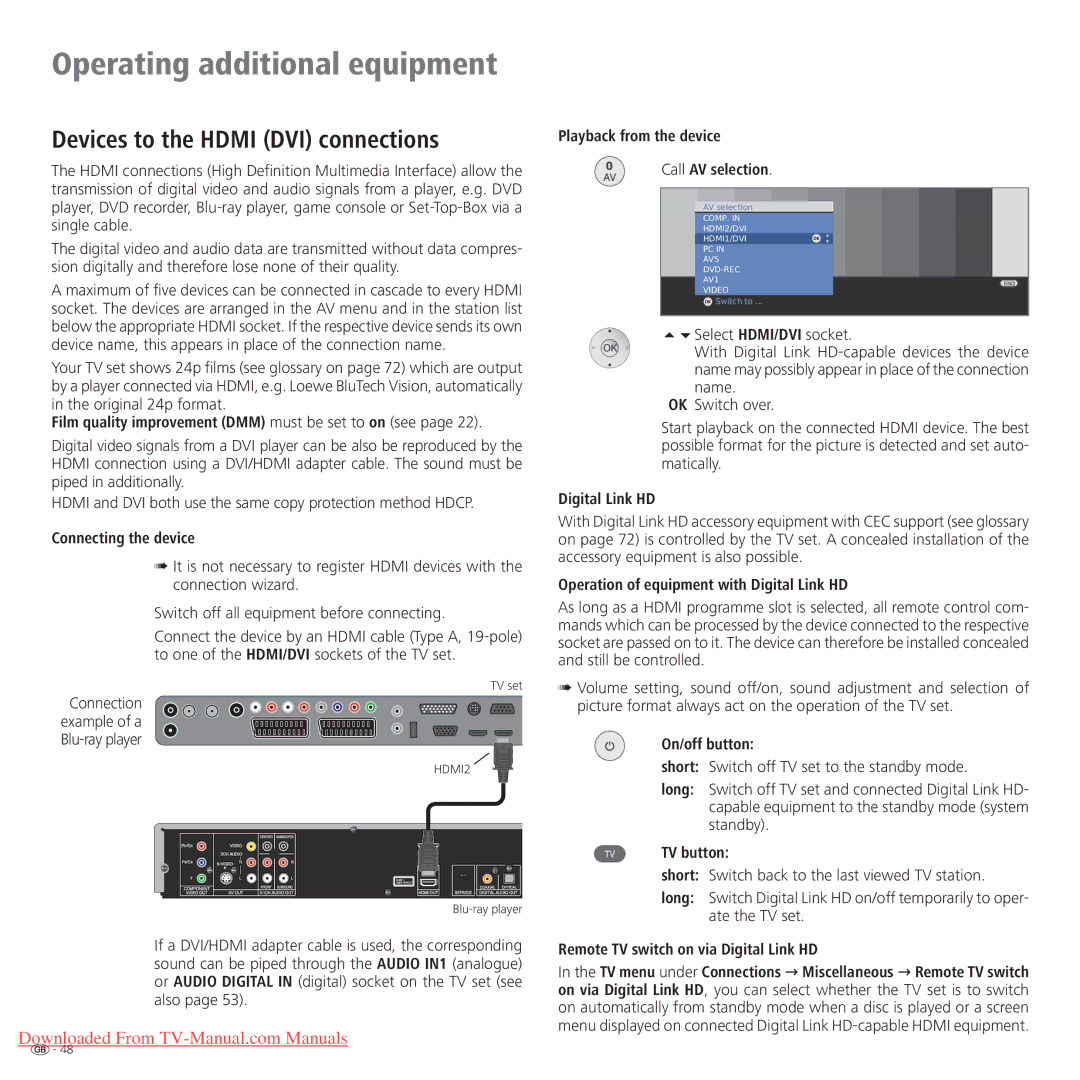 Loewe Connect 37 Full-HD+ 100, Connect 42 Full-HD+ 100, Connect 32 Full-HD+ 100 Devices to the Hdmi DVI connections 