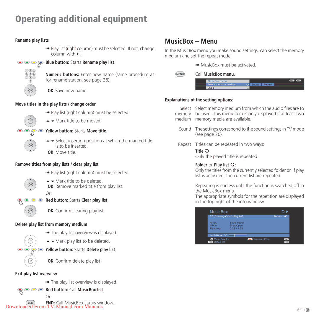 Loewe Connect 37 Full-HD+ 100, Connect 42 Full-HD+ 100, Connect 32 Full-HD+ 100 operating instructions MusicBox Menu 