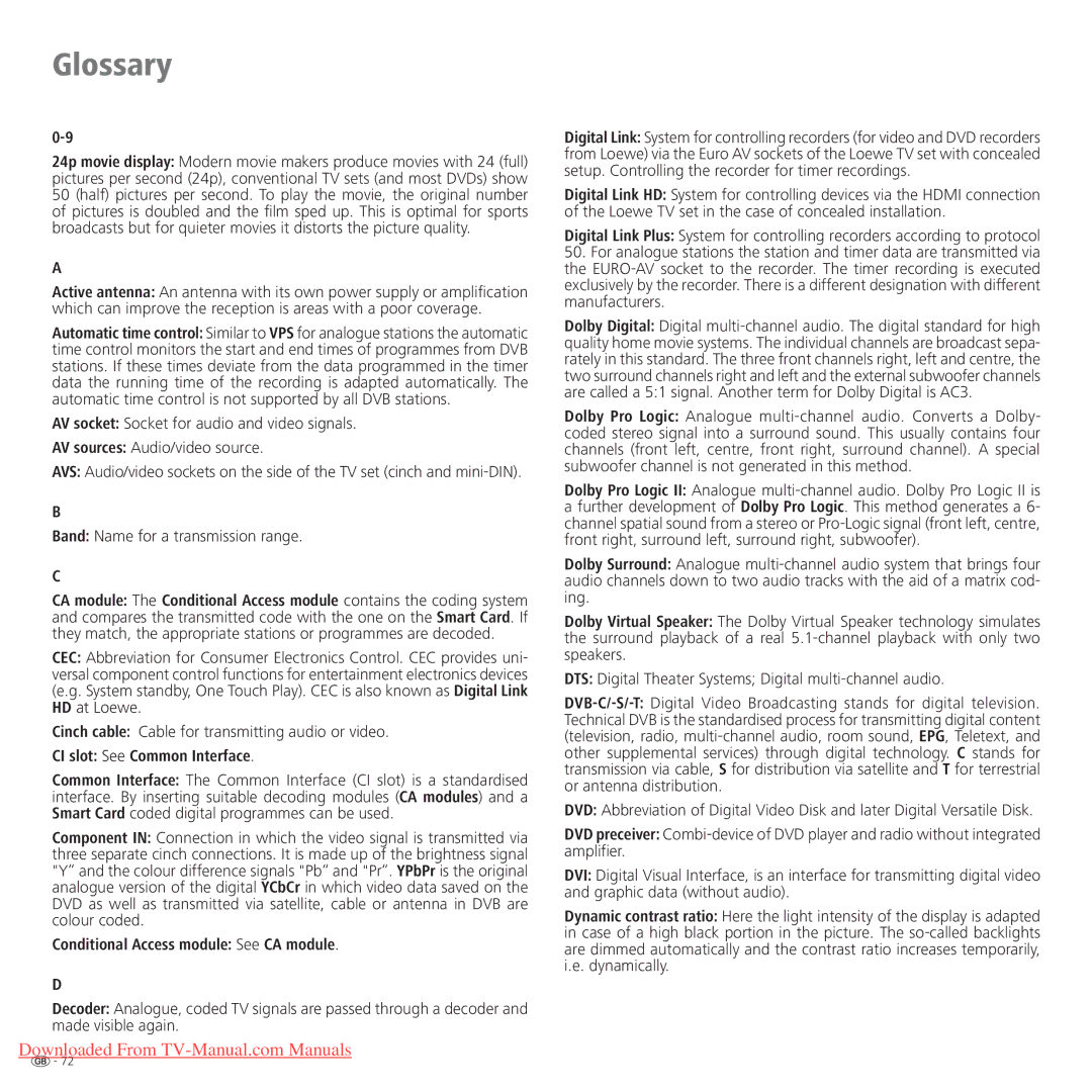 Loewe Connect 37 Full-HD+ 100 Glossary, Band Name for a transmission range, CI slot See Common Interface 