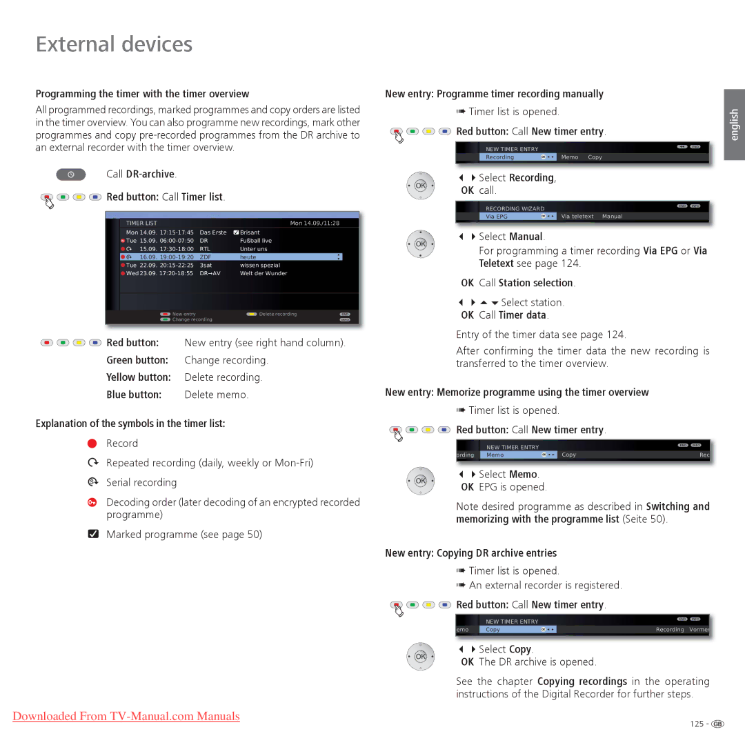 Loewe Individual 32 Compose 3D Programming the timer with the timer overview, New entry Programme timer recording manually 