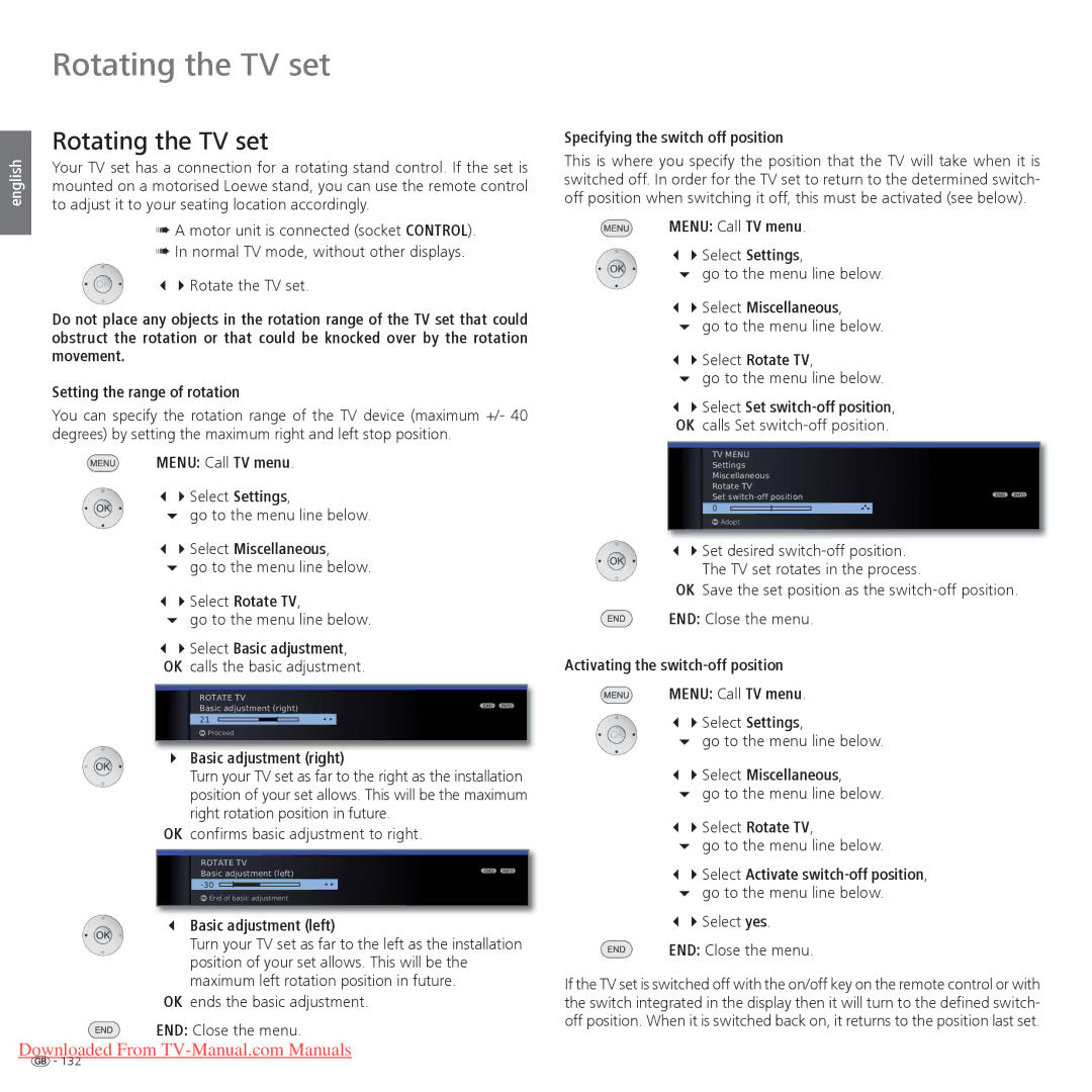 Loewe Individual 55 Compose 3D, Individual 32 Compose 3D, Individual 46 Compose 3D operating instructions Rotating the TV set 