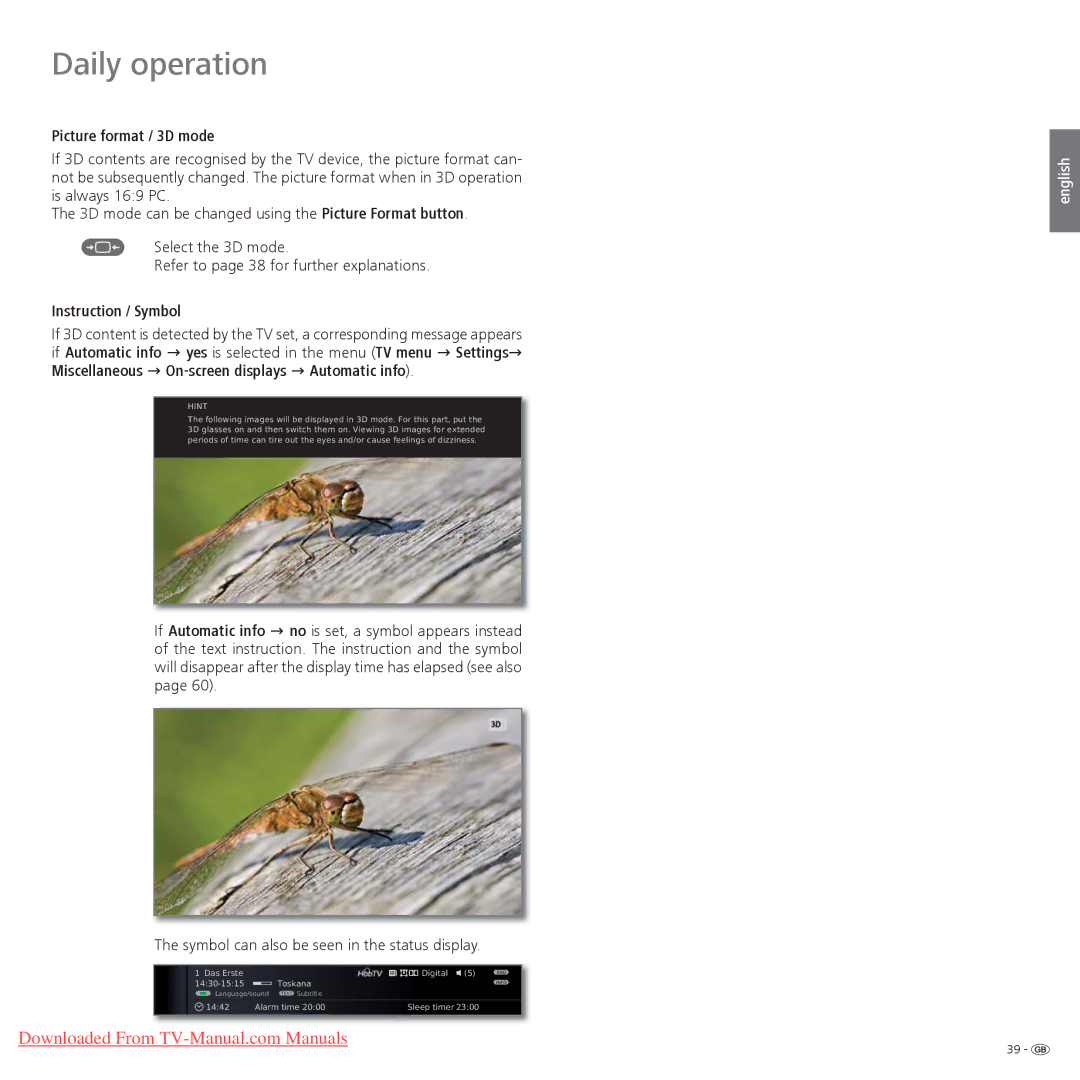 Loewe Individual 40 Compose 3D, Individual 55 Compose 3D Picture format / 3D mode, Instruction / Symbol, Hint 
