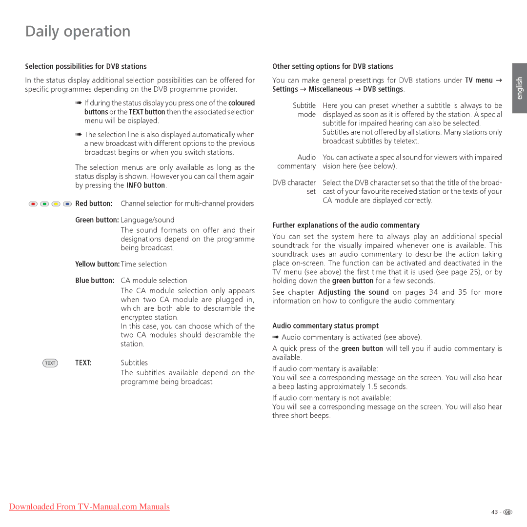 Loewe Individual 40 Compose 3D operating instructions Selection possibilities for DVB stations, Green button Language/sound 